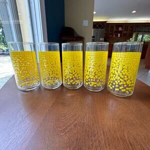 Vintage Yellow Water Glasses Tumblers Cascading Squares Set of 5